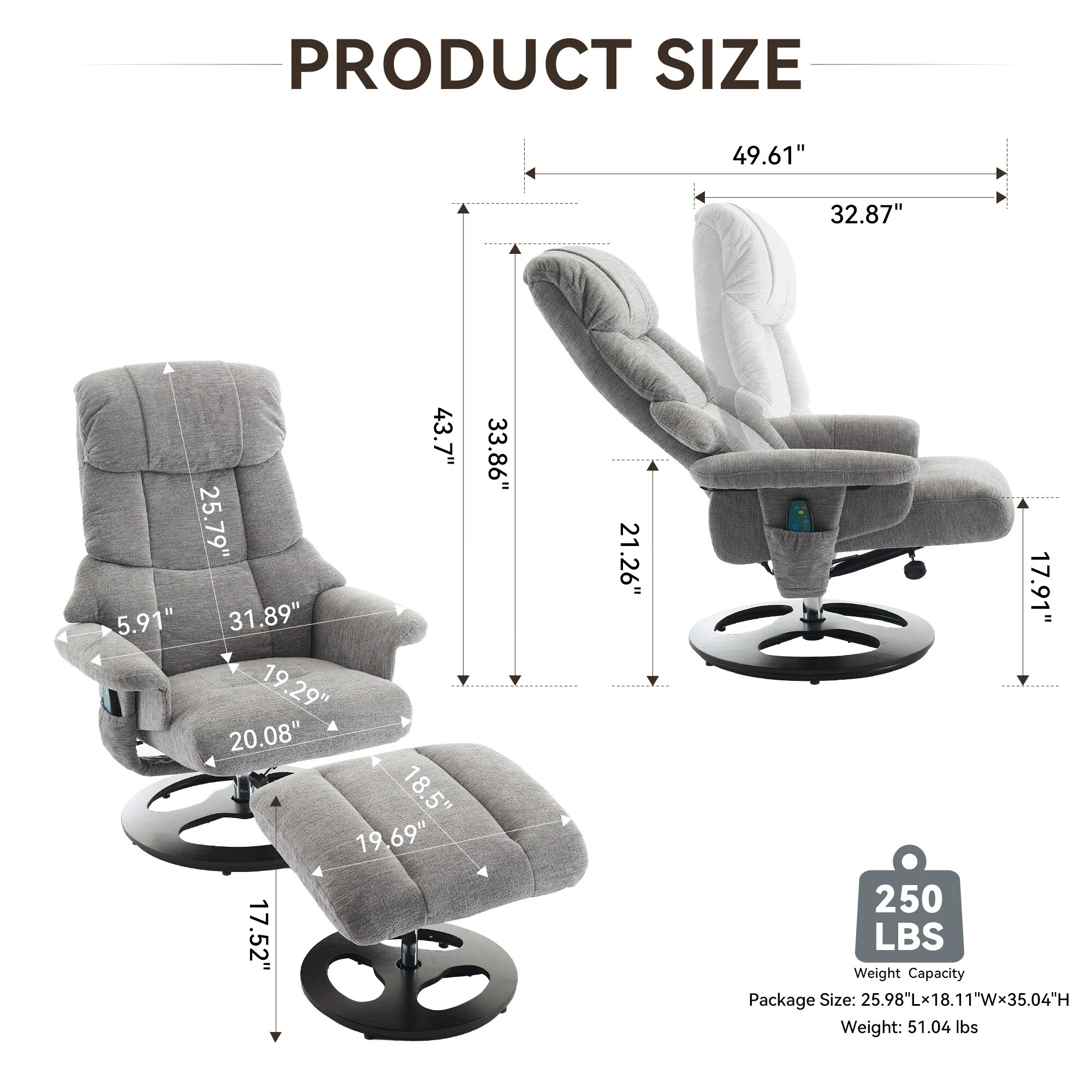 Modern 360° Swivel Lounge Chair with Footstool, 5 Point Vibration Massage, Seat Heating & 140° Adjustable Backrest