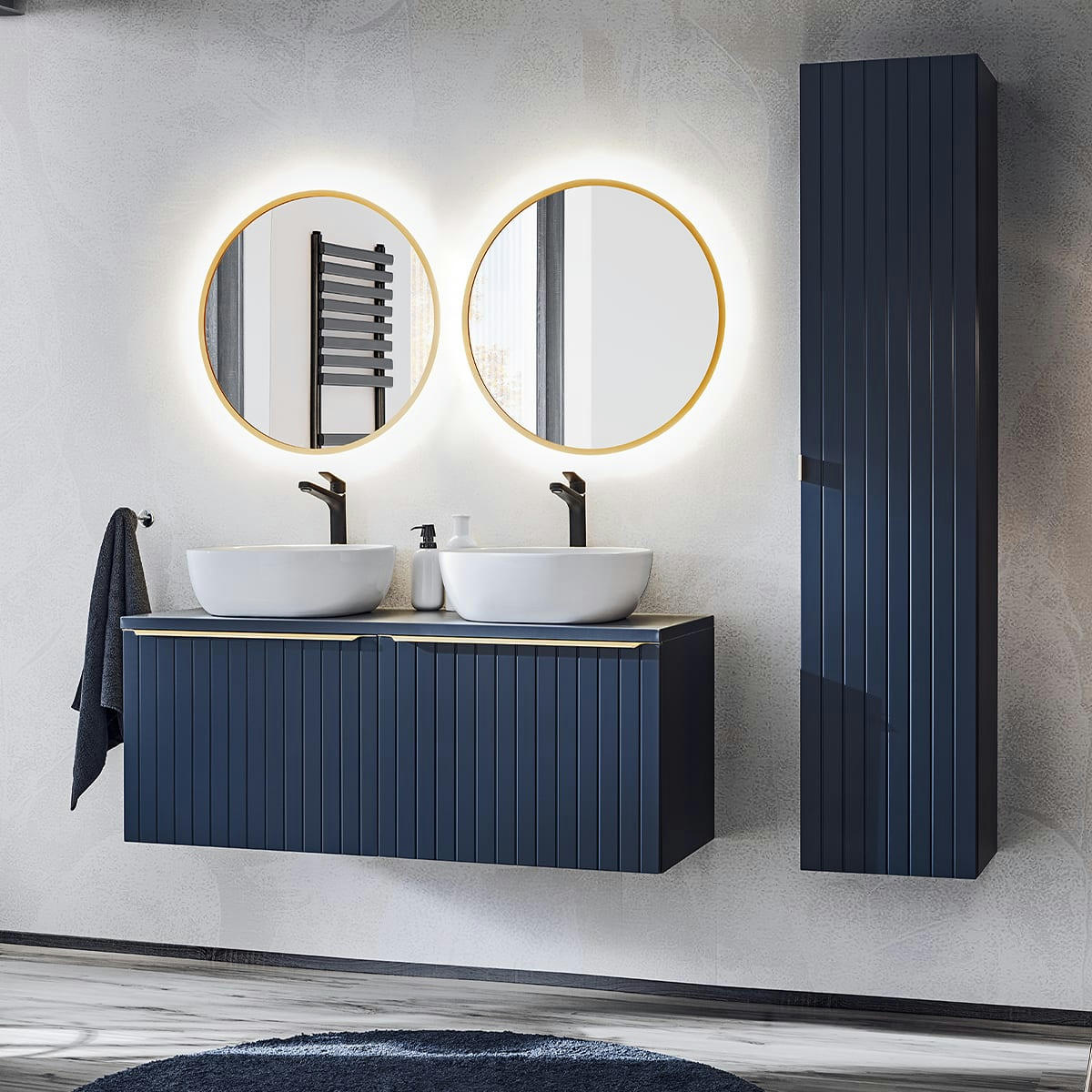 - Ensemble meuble double vasque 120cm et colonne stratifiés bleu