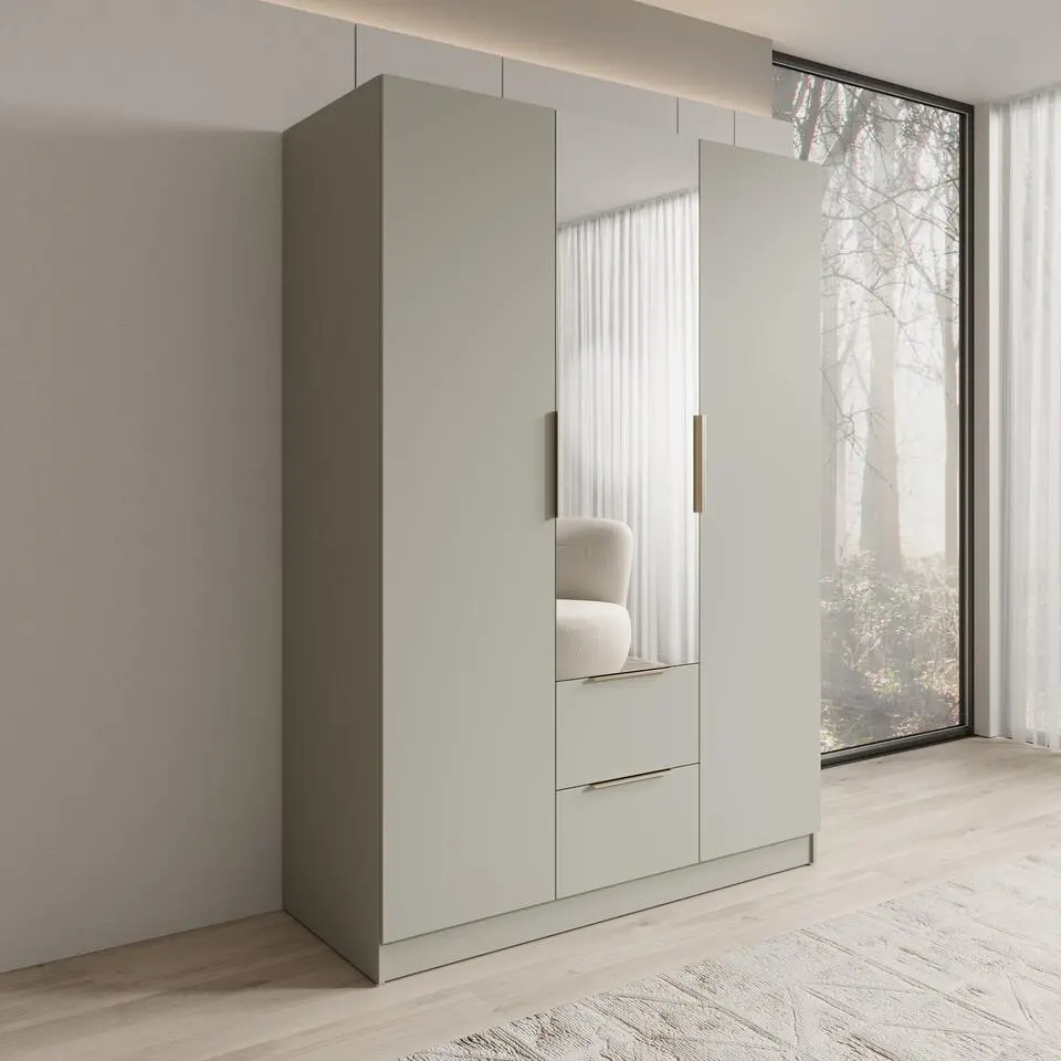 Meubella - Caliero - Kledingkast met spiegel - Beige - 150x60x216 cm