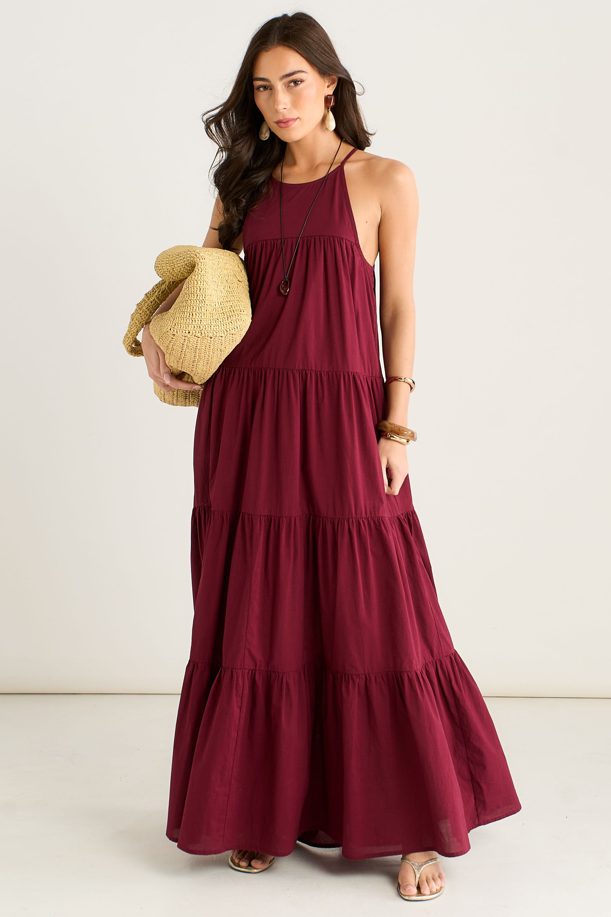 Gini London Mulberry Tiered Halter Maxi Trapeze Dress