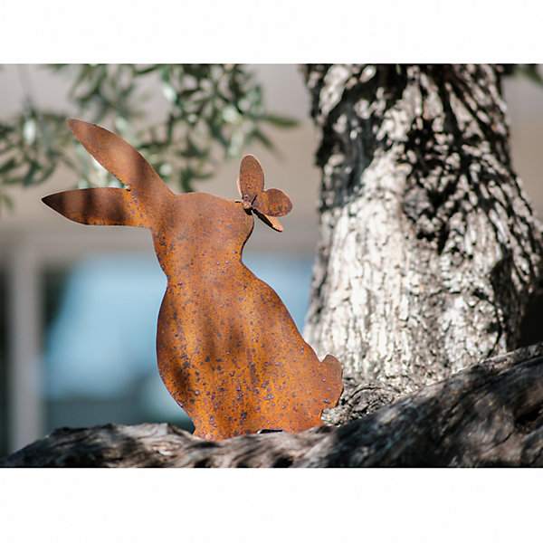 Figurine Lapin bisou métal rouille : déco jardin - Rouille