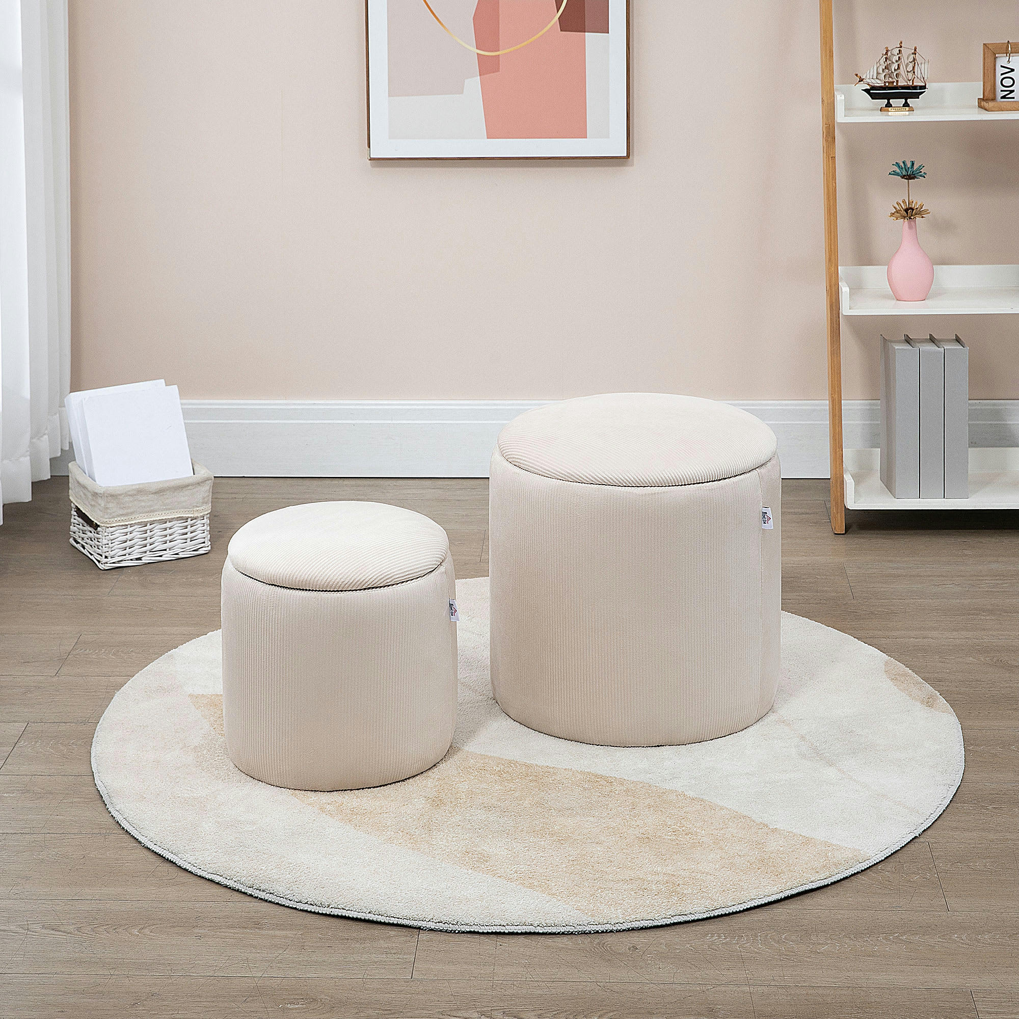 - Lot de 2 poufs coffres 2 en 1 velours cotelé tissu crème