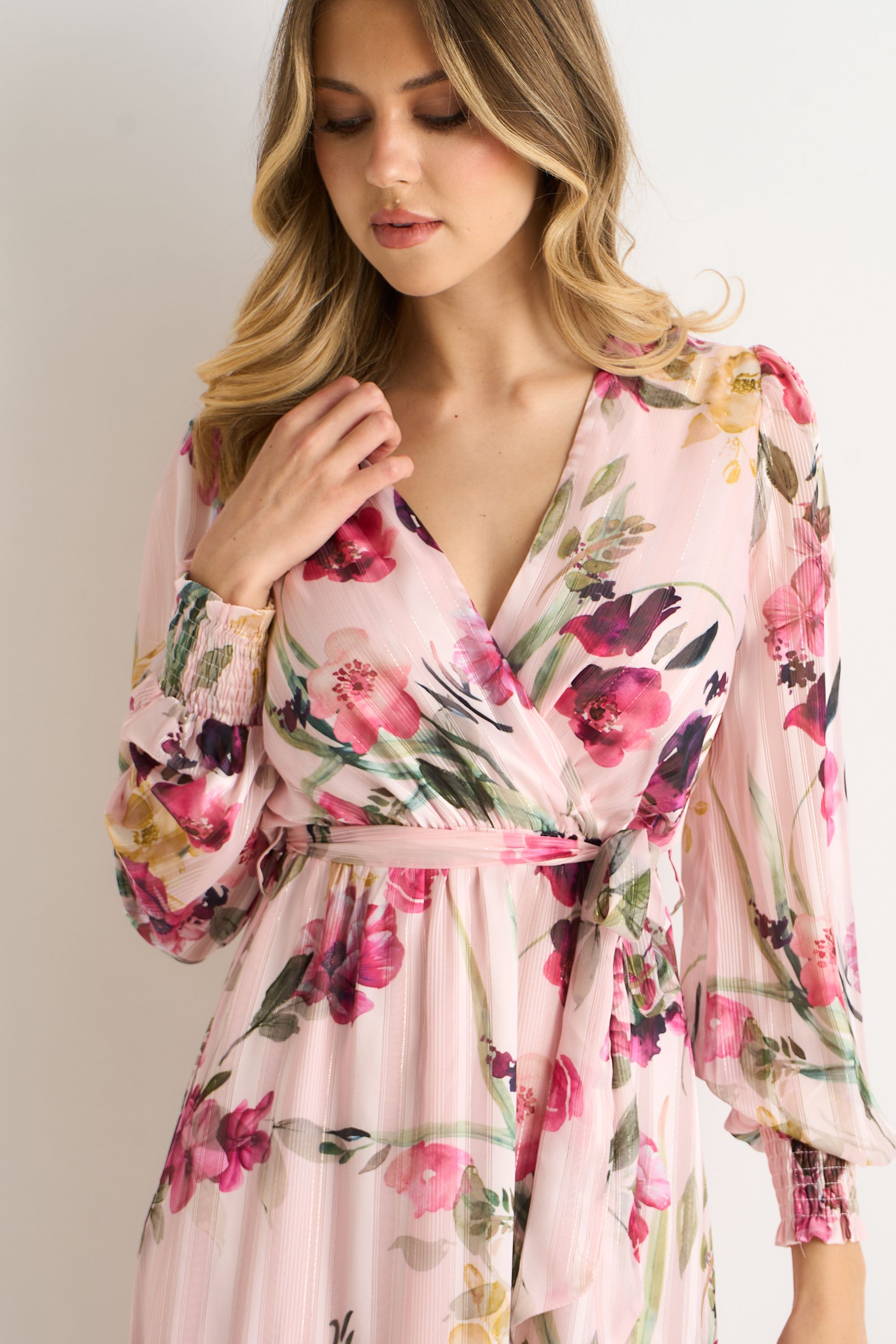 Gini London Pink Floral Print Sparkle Chiffon Wrap Midi Dress