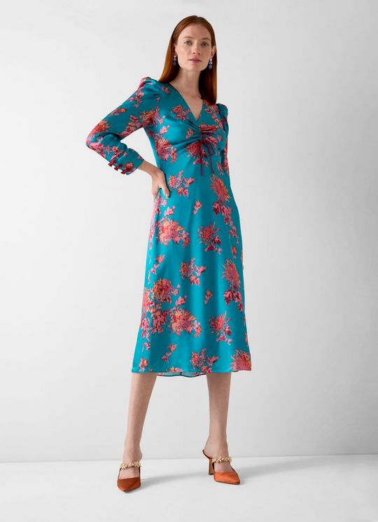 Celeste Teal Blue Floral Satin Dress