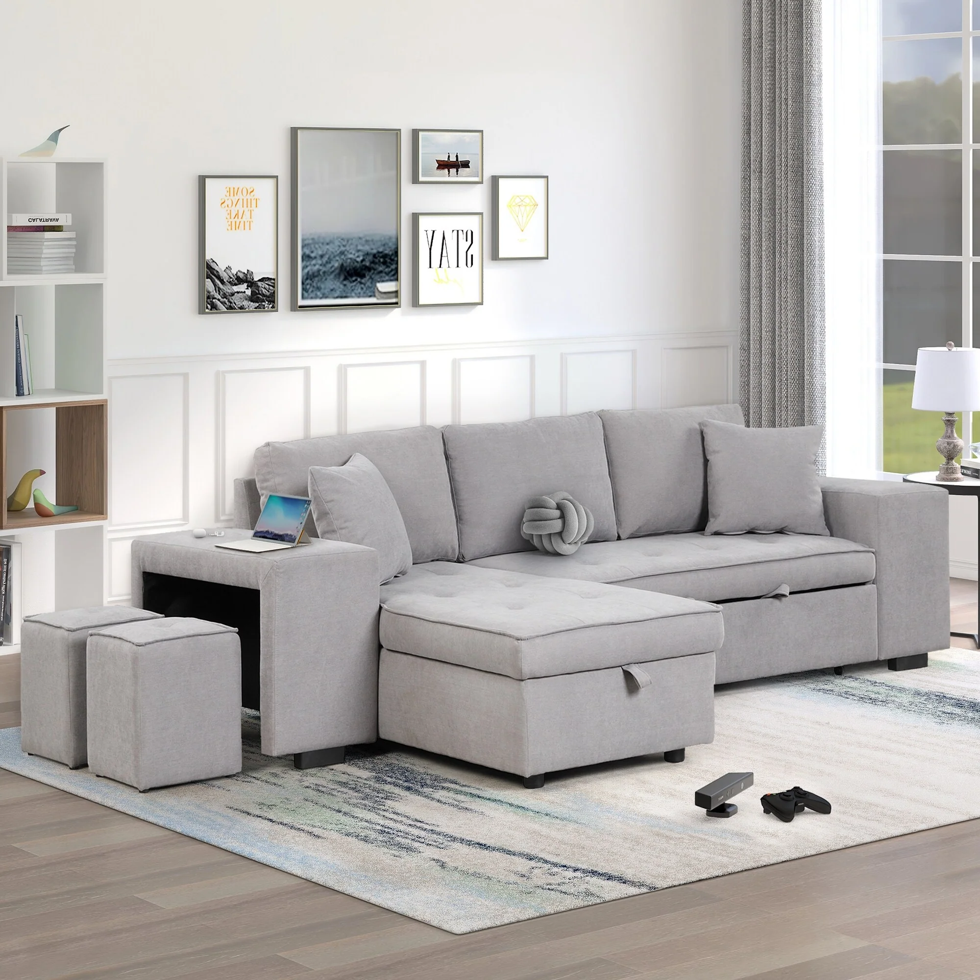 Modern L Shaped Sleeper Sofa with Pull Out Bed and Chaise Storage and Extra Stools for Apartments or Guest Rooms