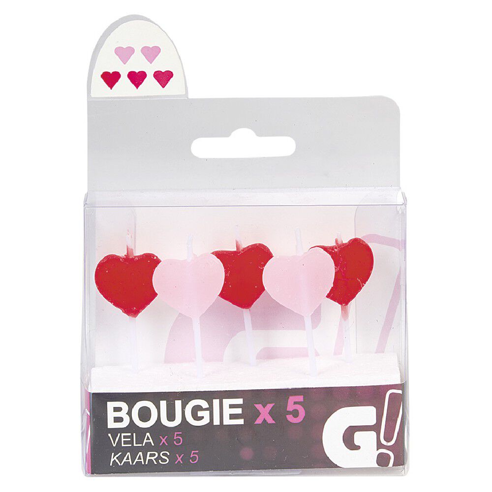 Bougie anniversaire coeur rose et rouge x5