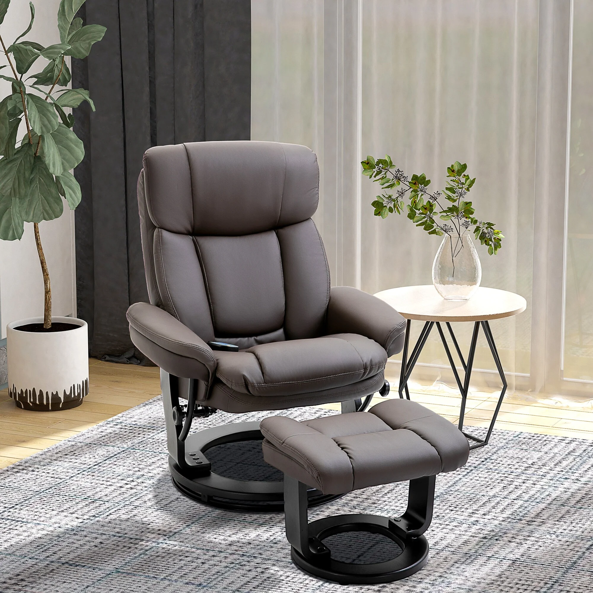 PU Leather Swivel High Back Armchair with Footstool