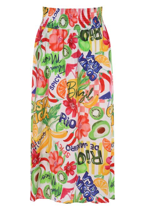 Womens White Tropical Print Shirred Waist Skirt