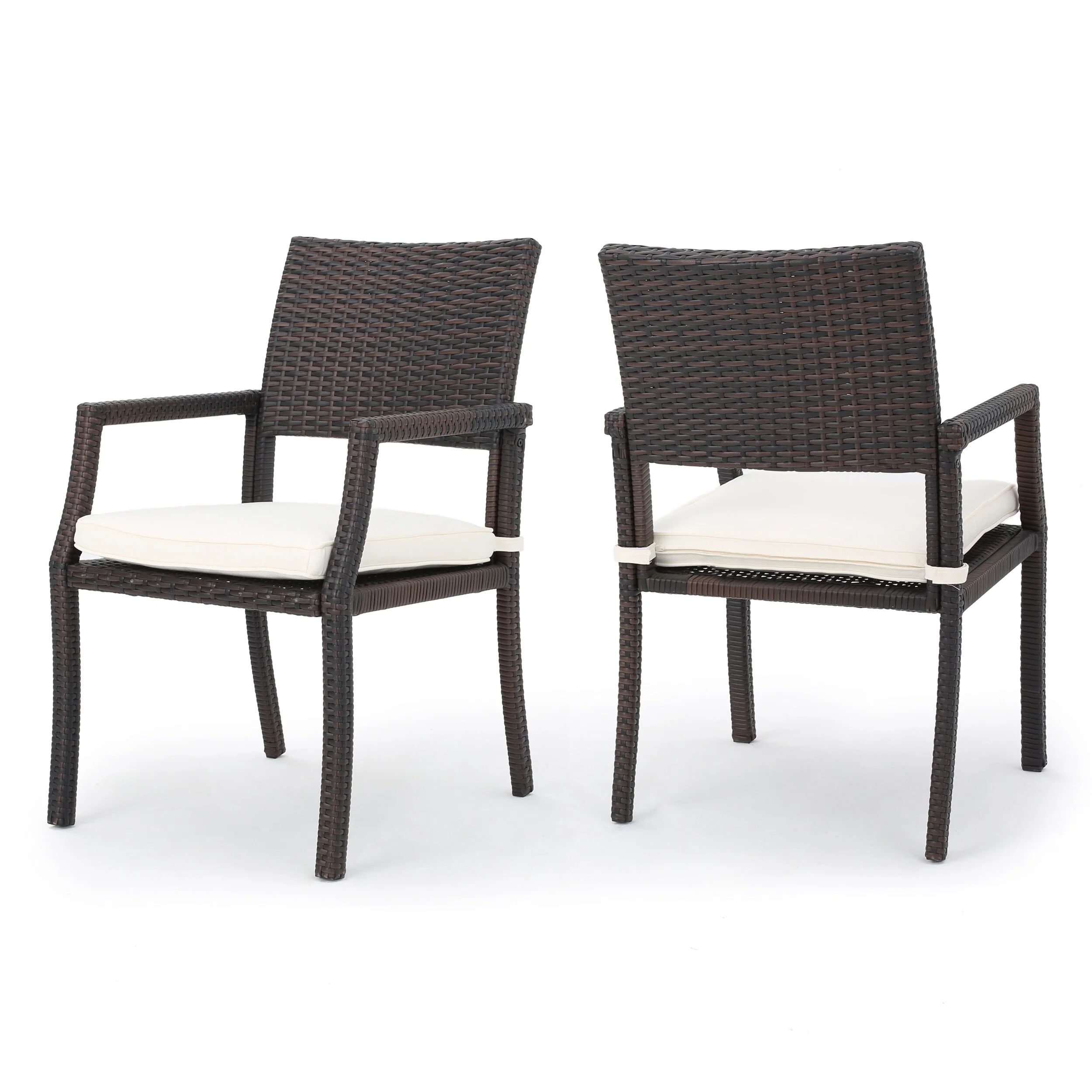 Roomfitters Outdoor Wicker Dining Chairs with Cream Cushions, All-Weather Rattan Patio Armchairs, Set of 2, Brown