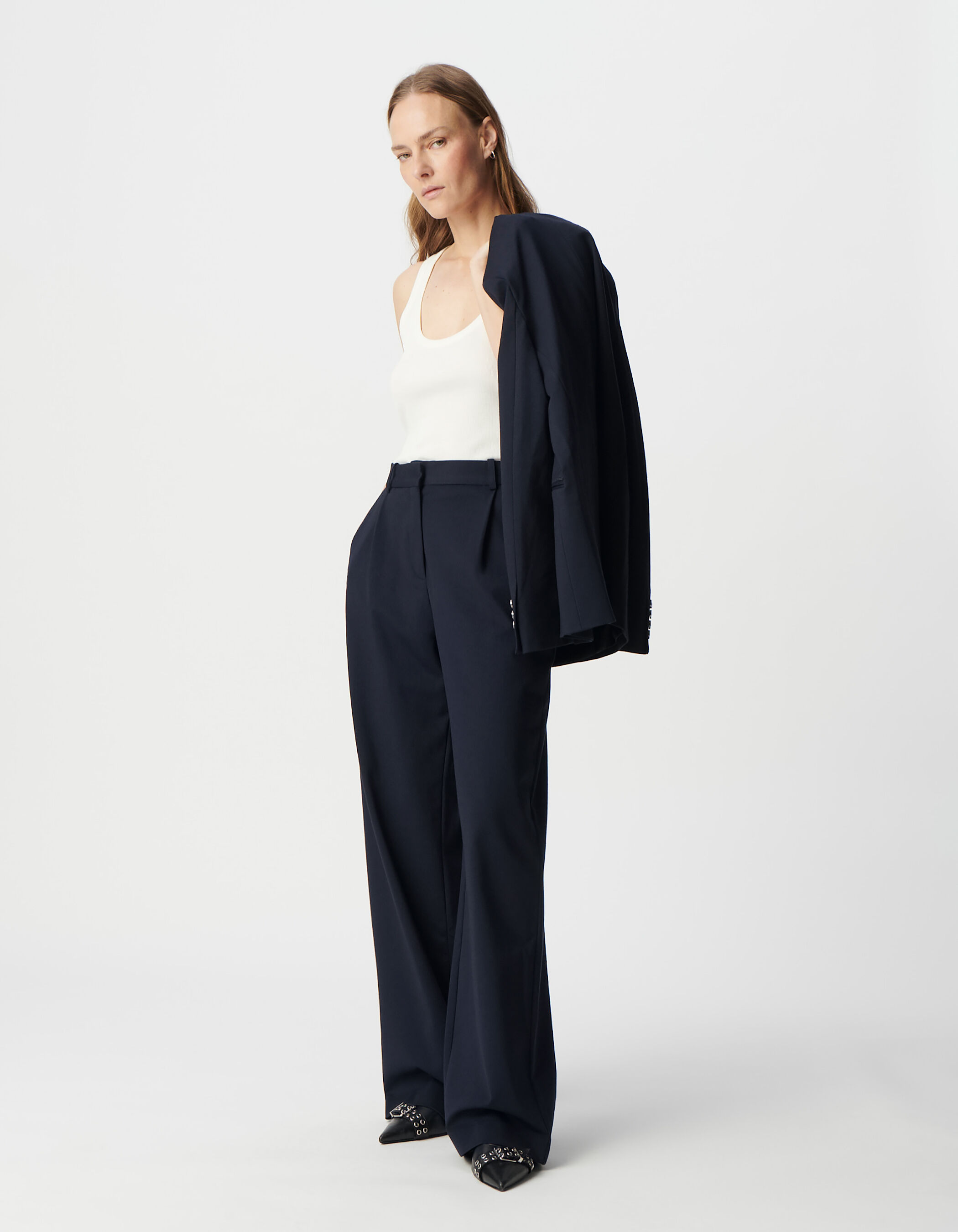 Pantalon de tailleur marine large maille Milano Femme