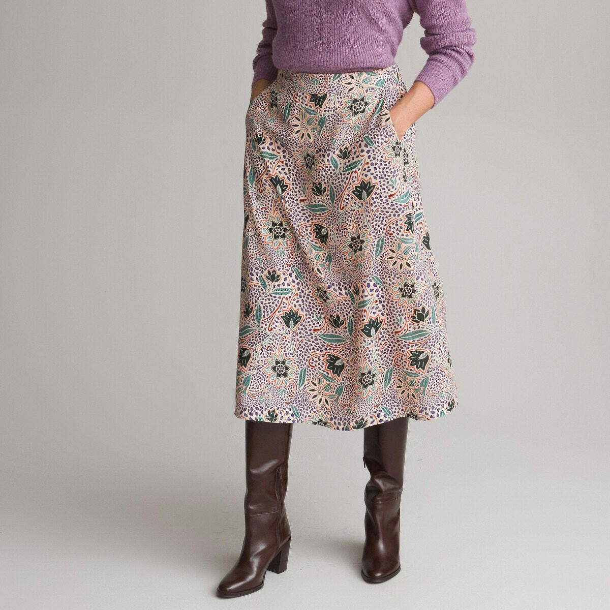 Jupe évasée, imprimé floral, longueur midi
