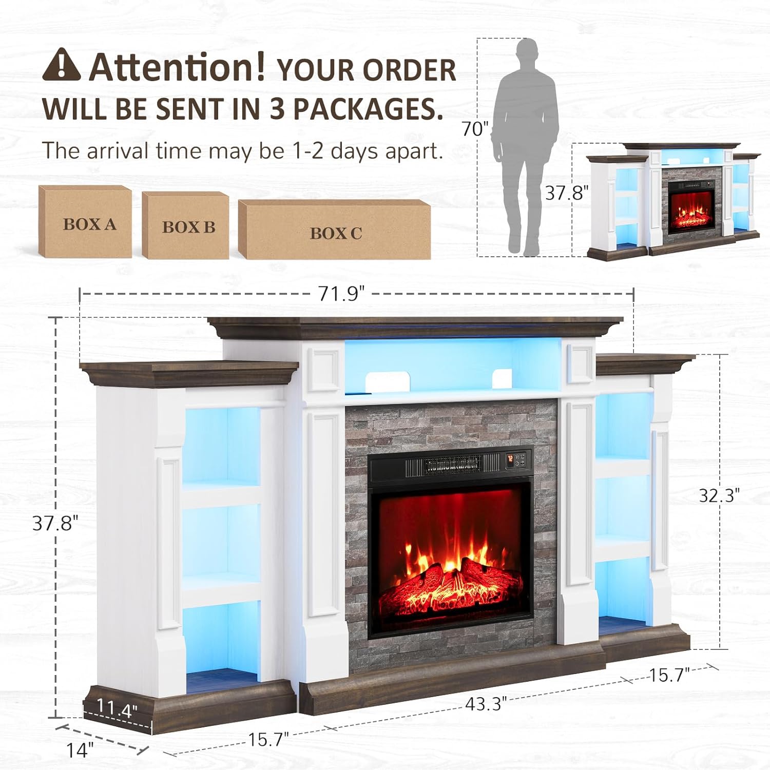 Naice 72 Electric Fireplace with Mantel and Cabinets, Fireplace TV Stand for Living Room Bedroom, LED Light & Power Outlet, 23in Realistic Flame Fireplace and Stacked Stone Surround, Brown