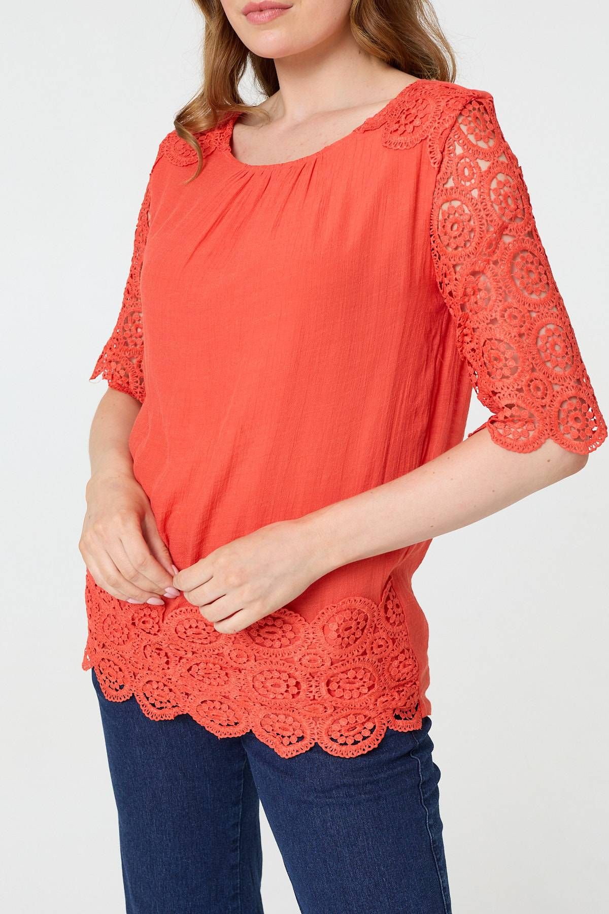 Izabel London Lace Trim Semi Sheer 1/2 Sleeve Blouse