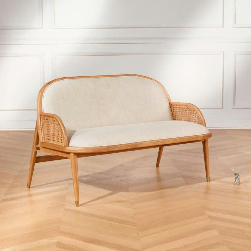 MARCEL - Banquette 2 places en chêne, cannage et lin naturel