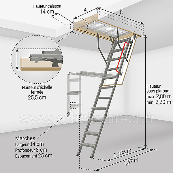 Echelle escamotable en métal - Trémie de 57 x 113cm - Hauteur de 2.20 à 2.80m - LMK55111-2