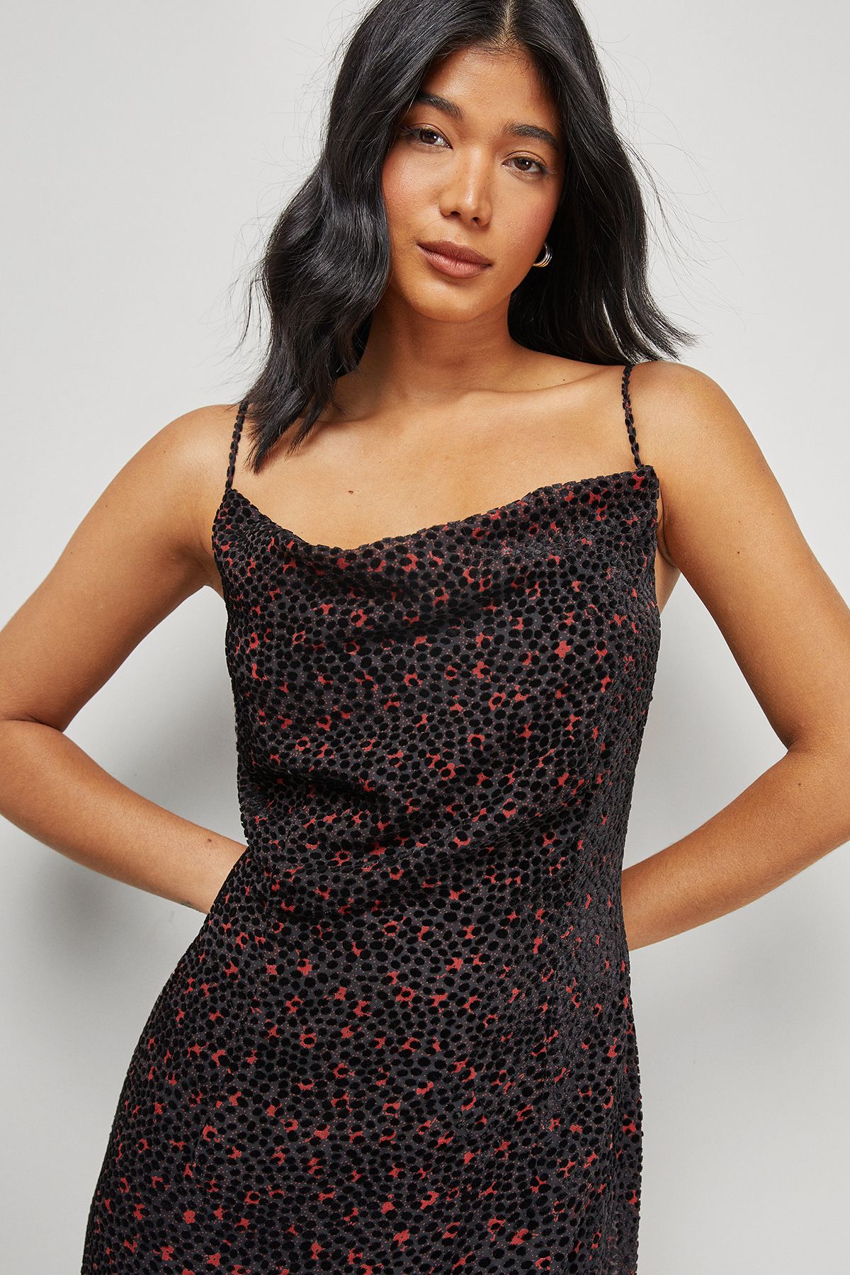 Warehouse Polka Dot Devore Cowl Neck Maxi Dress