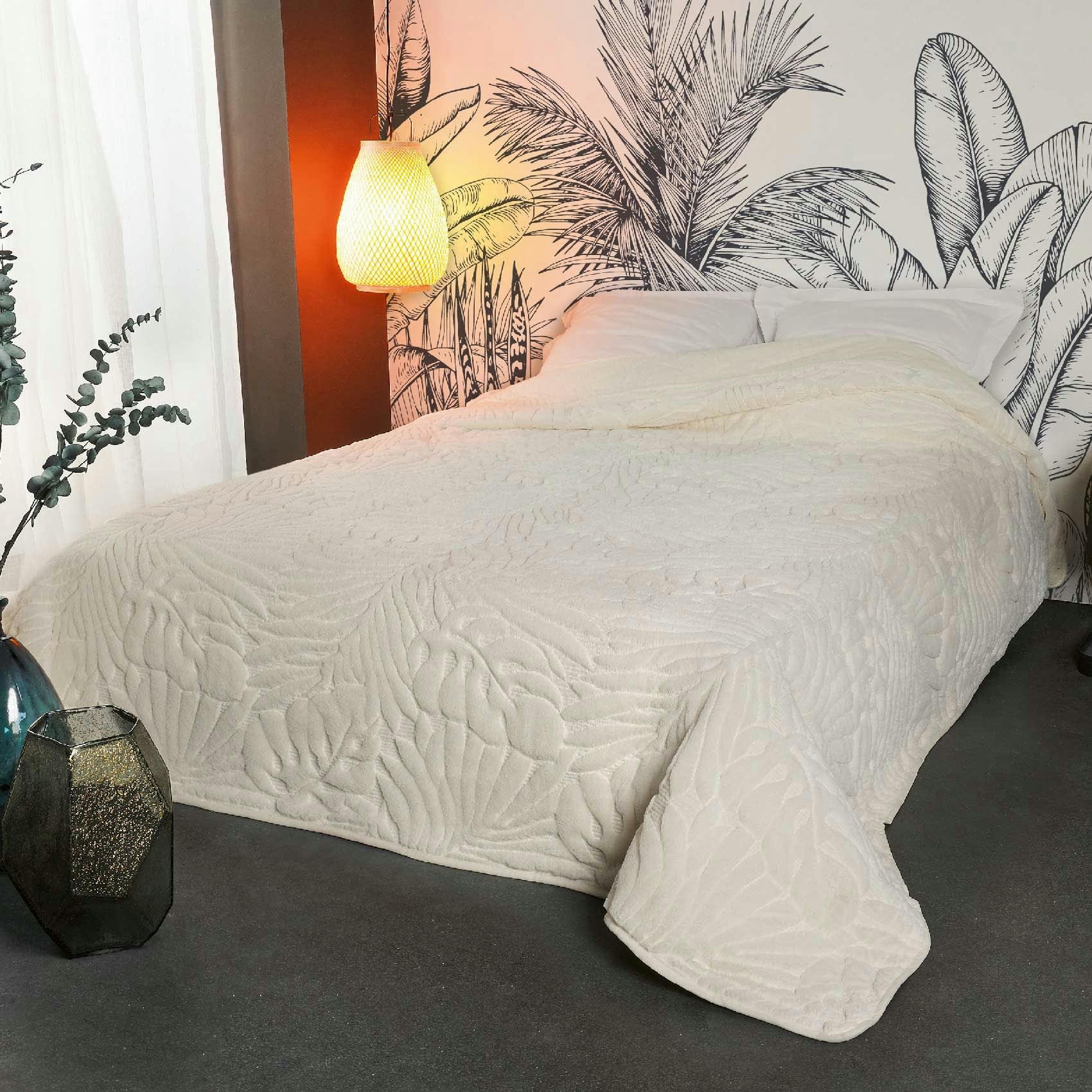 GRAZIA - Dessus de lit feuillages 240x260cm Ecru polyester