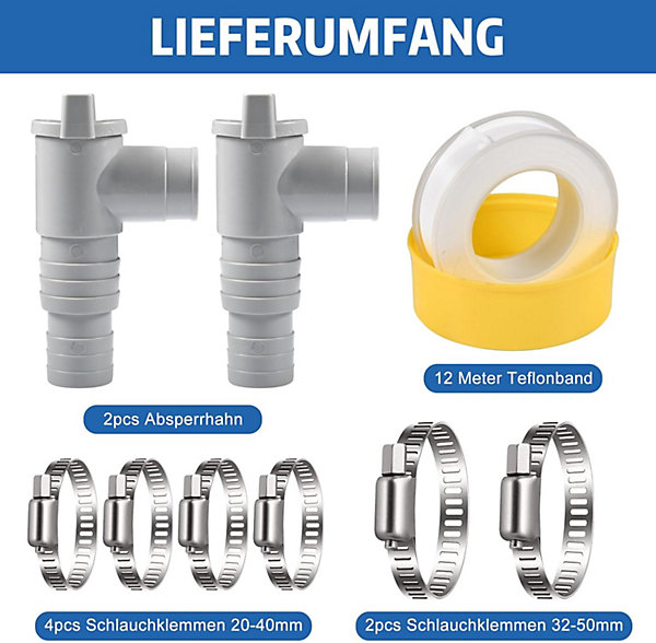 CODEKEY Lot de 2 pcs Robinet D'arrêt pour Piscine,Vanne D'arrêt 32mm,Robinet pour Piscine 32mm,avec 6 Colliers de Serrage