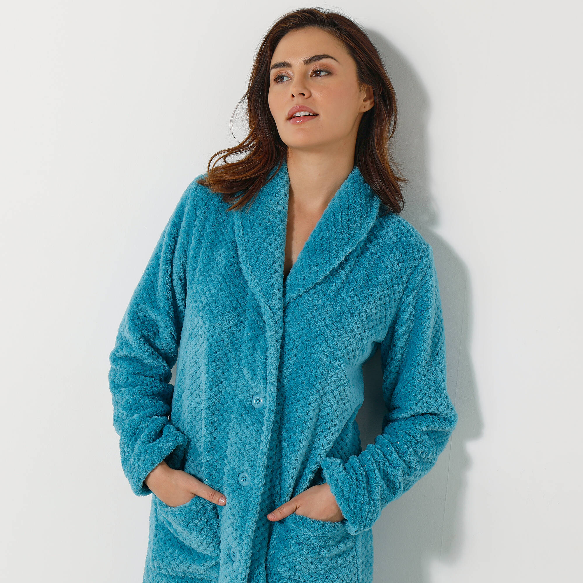 Robe de chambre maille polaire col ch&acirc;le - longueur 120 cm