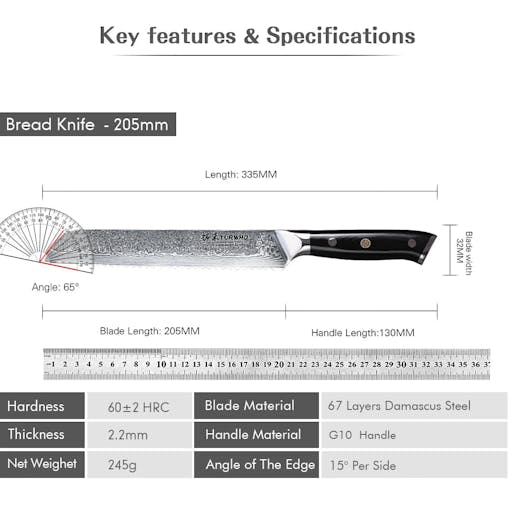 NNEOBA 8-Inch Damascus Steel Bread Knife Serrated VG10 Core Blade Black