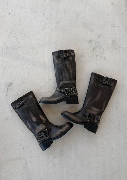 Greywashed buckle biker boots