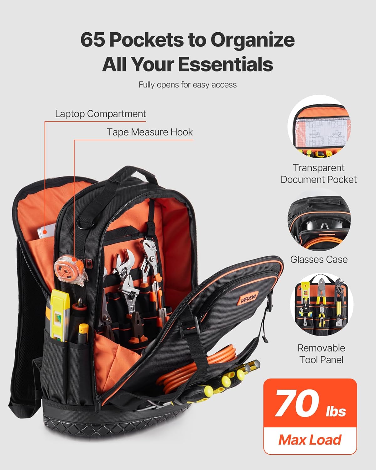 VEVOR Tool Backpack with Tools, 65 Pockets, Heavy-duty Tools Storage Organizer Bags with Laptop Compartment & Molded Base, Electrician Jobsite Backpack for Electrician, Repairman, and HVAC Techs