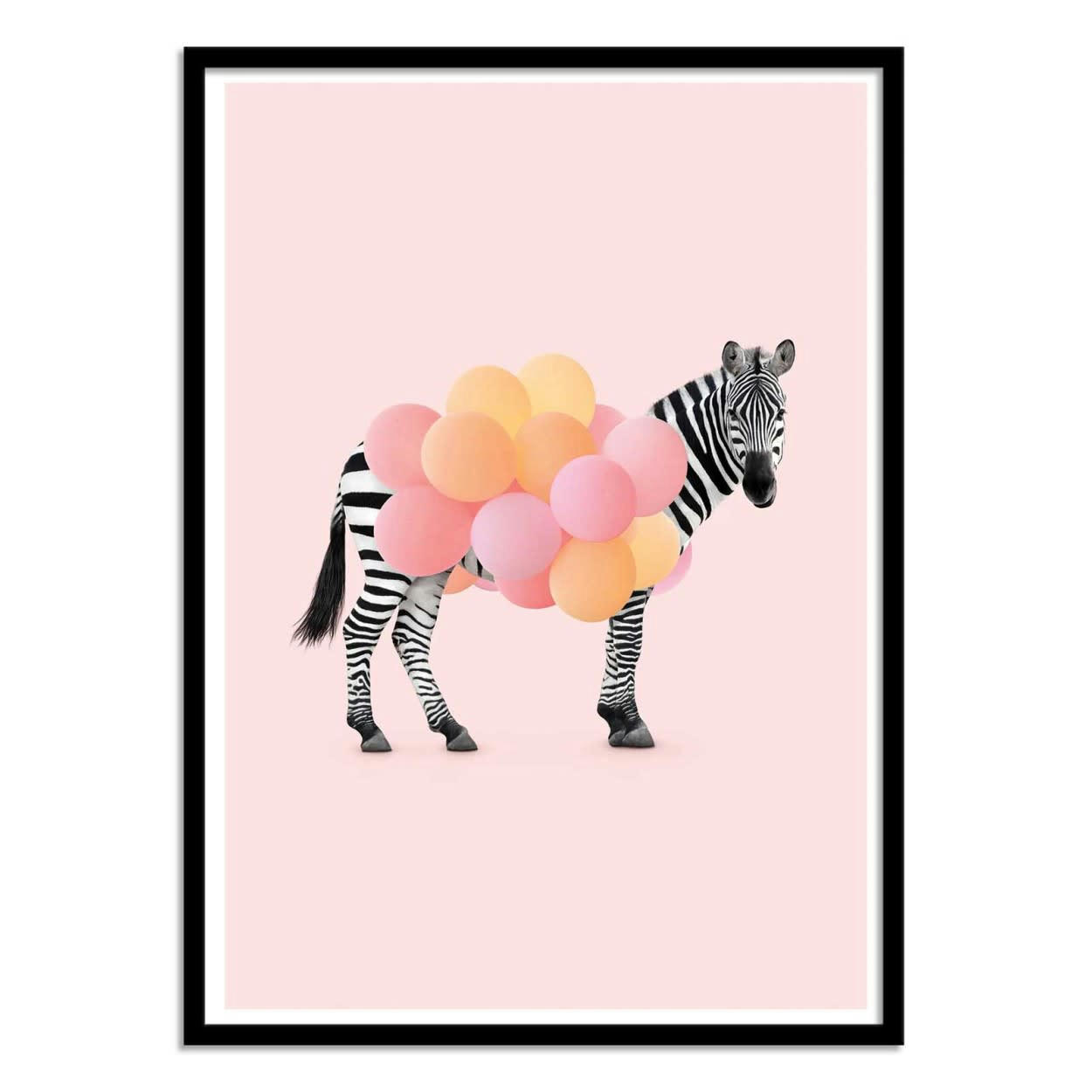 PAUL FUENTES - ZEBRA BALLOON - Affiche d'art avec Cadre bois noir - 50 x 70 cm