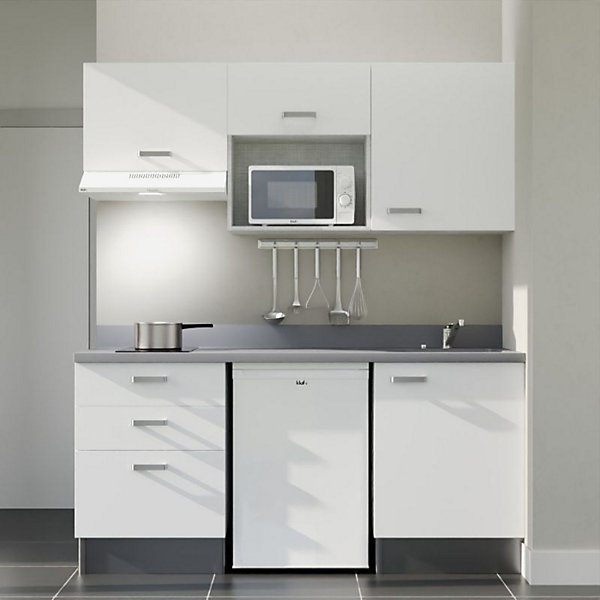 Kitchenette K20 - 180 cm - façades Blanc - Plan monobloc en quartz coloris Cromo évier à droite - Electroménager Blanc