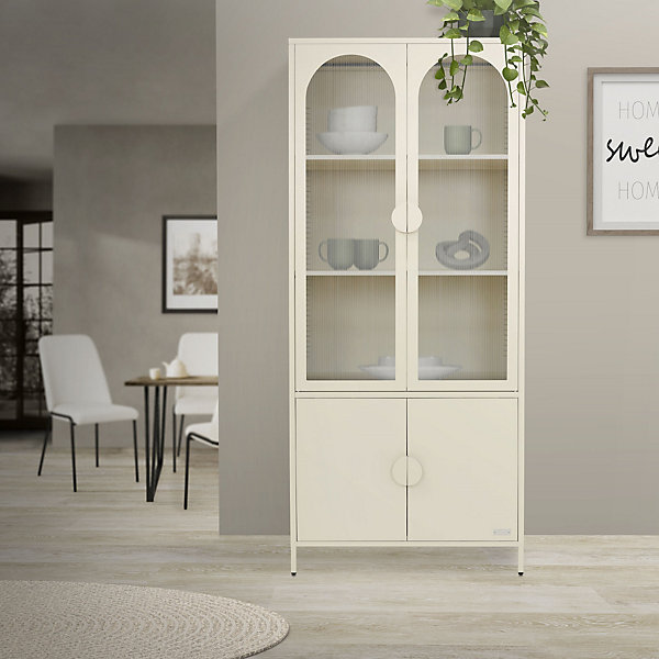 Armoire vitrée haute ML-Design 80x185x40 cm acier crème avec 4 étagères/casiers et portes sur pieds