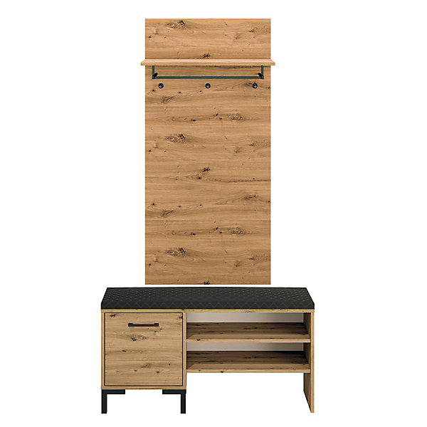 Meuble entree porte-manteau et banc à chaussures 1 porte Liora Bois
