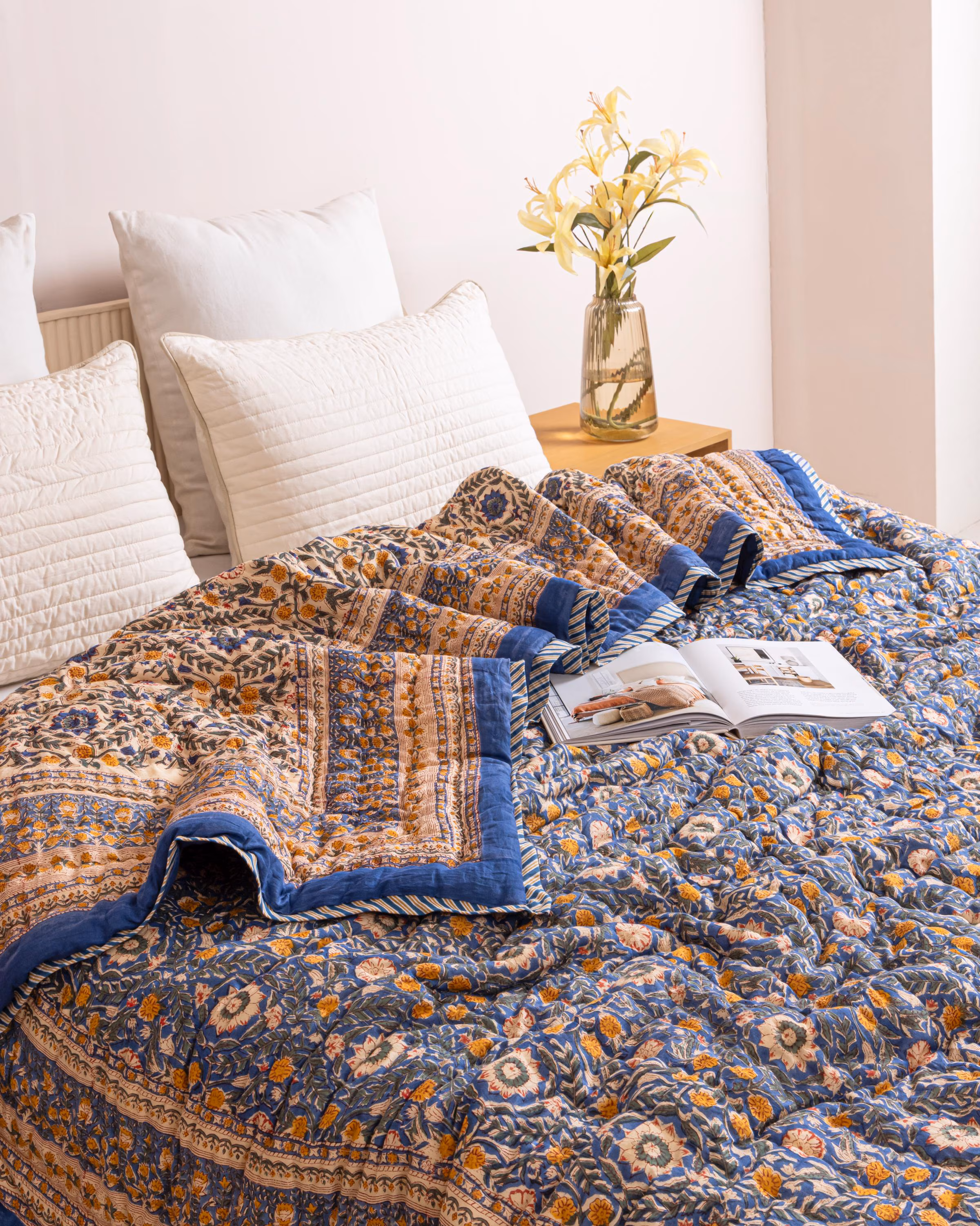 Deep Blue & Golden Ochre Block Printed Quilt, Floral Cotton Bedspread, Farmhouse Bedding, Luxury Home Decor, Reversible Cotton Quilt