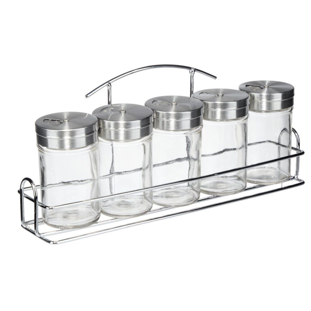Pot à épices verre couvercle inox x5 avec support métallique 26x5,5xH11,5cm