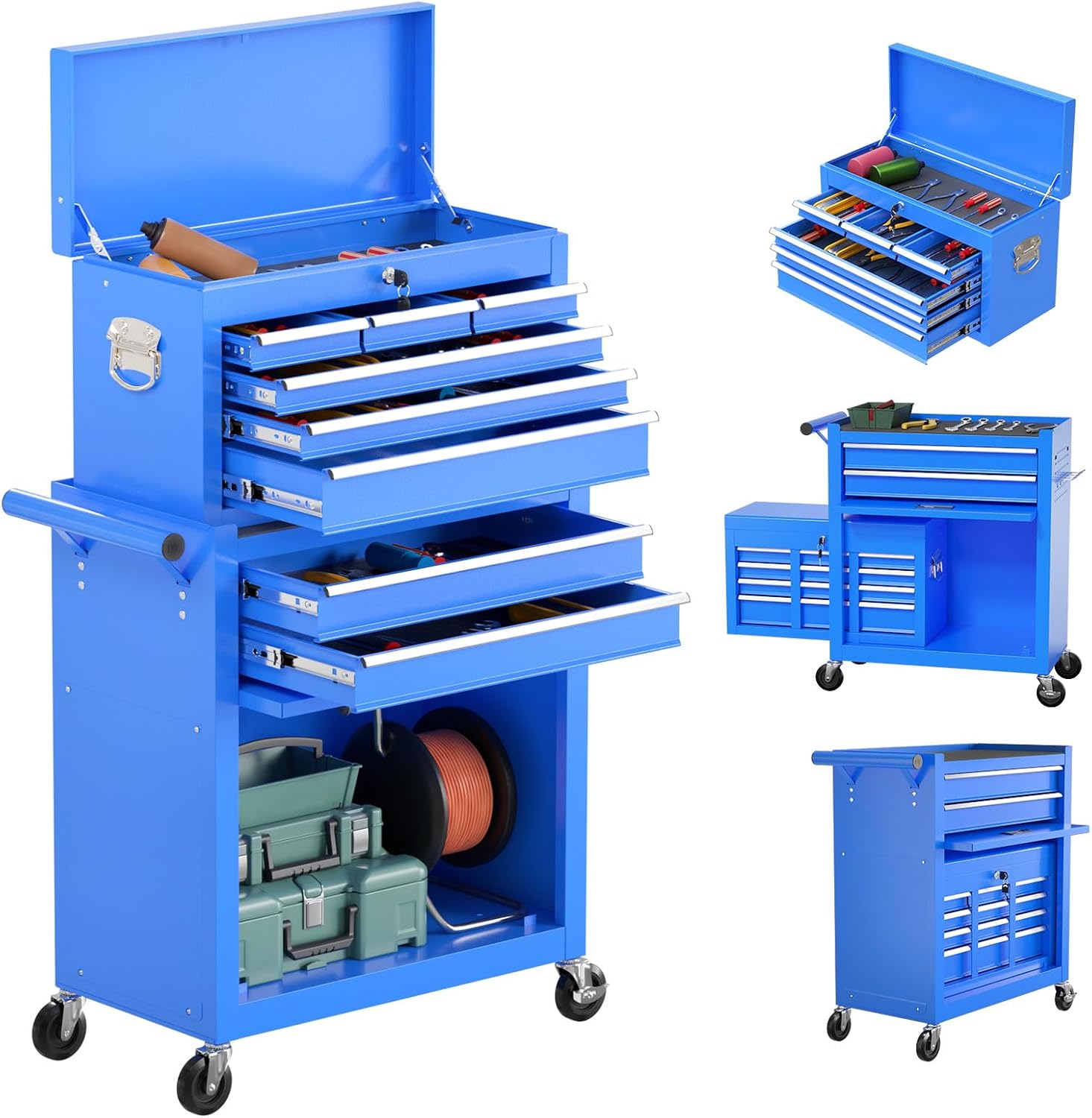 8-Drawer Rolling Tool Chest with Wheels, 2-in-1 Detachable Tool Box with Drawers and Large Cabinet, Rolling Tool Chest Storage Cabinet with Lockable for Warehouse, Garage, Workshop (Blue)