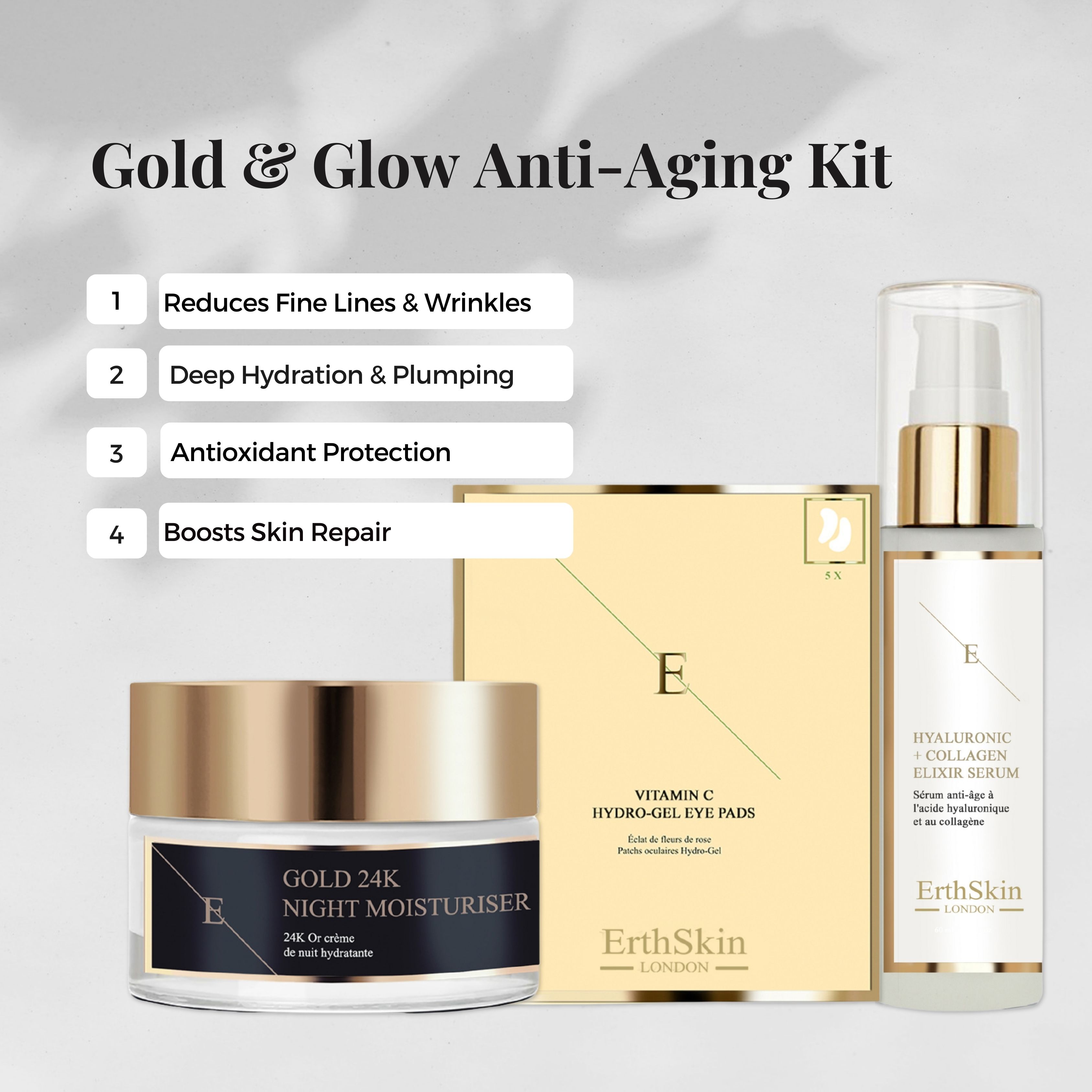 Erth Skin London Anti-Wrinkle Night Moisturiser 24k Gold 50ml   Hyaluronic acid & Collagen Serum - 60ml   Vitamin C Hydrogel Eye Pads x 5