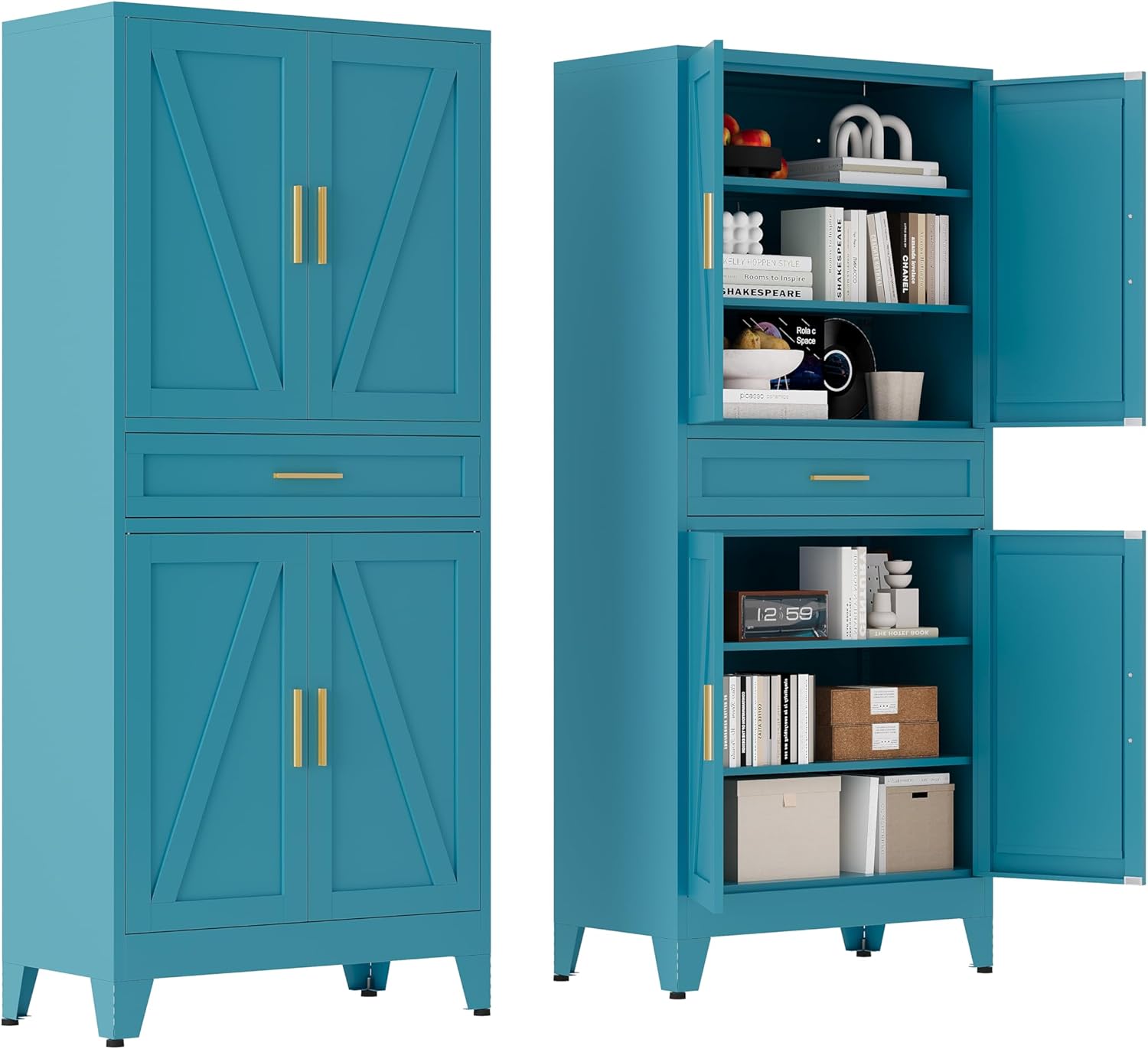 71 Farmhouse Metal Filing Cabinet with a Drawer and 4 Adjustable Shelves, with 4 Large barn Door Blue Kitchen Cabinets, Metal Food Cabinets for Home, Kitchen, Dining/Living Room (Peacock Blue)