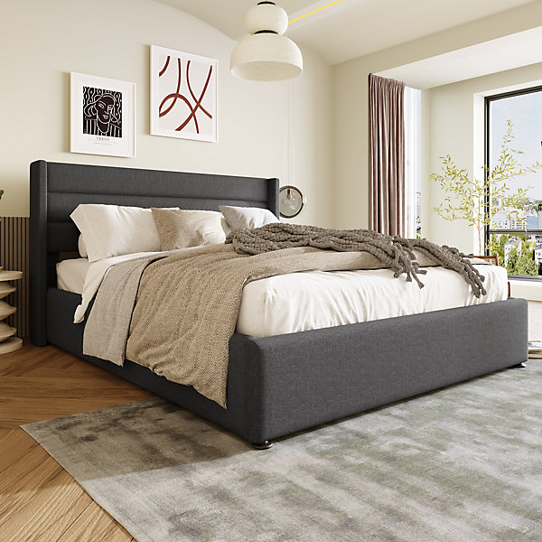Lit coffre 140x200 cm - Lit double rembourré Gris avec sommier à lattes - Lin - Sans Matelas