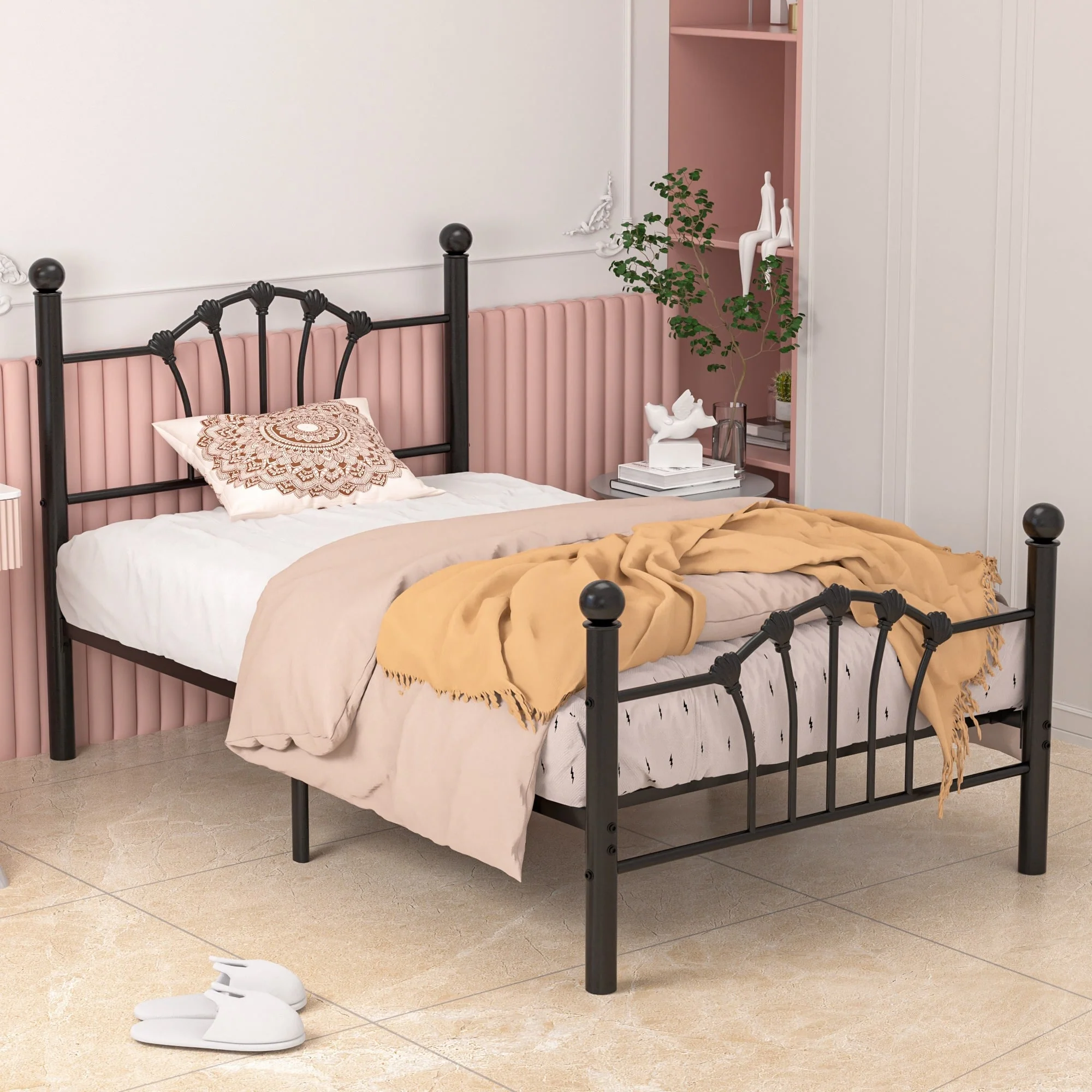 VECELO Classic Metal Platform Bed Frame, Twin Size Beds with Shell Style, Storage Space Under Bedframes, Kids Bed