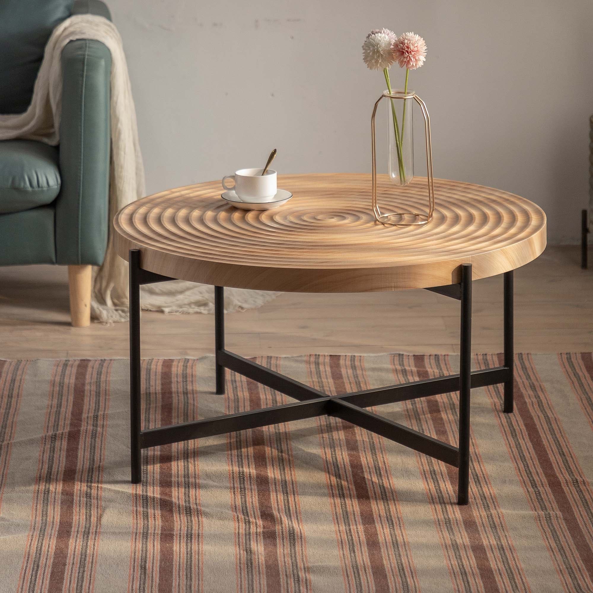 Modern Thread Design Round Coffee Table,with Cross Legs Metal Base
