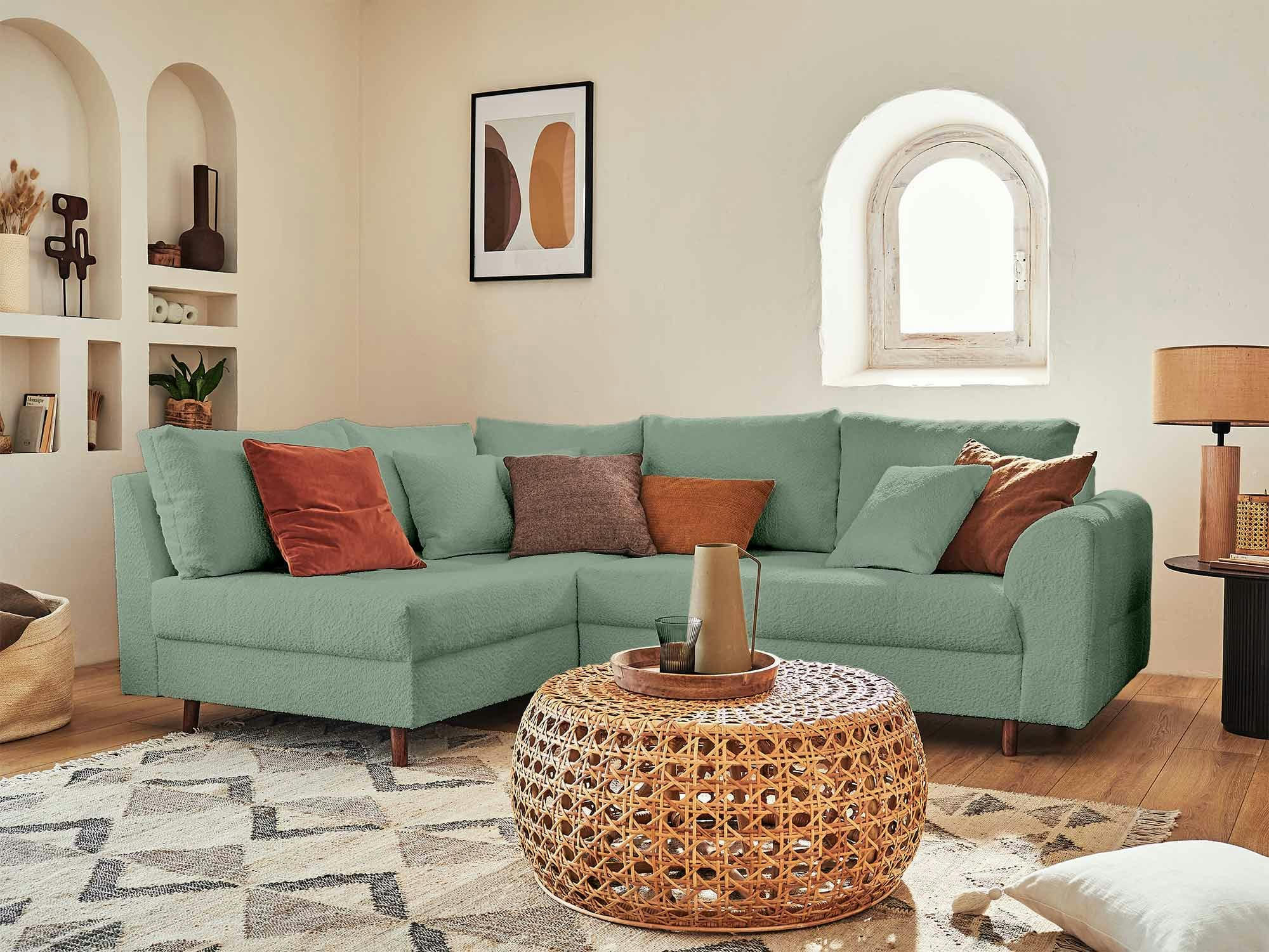 RUNE - Canapé d'angle gauche 4 places en tissu bouclette vert sauge