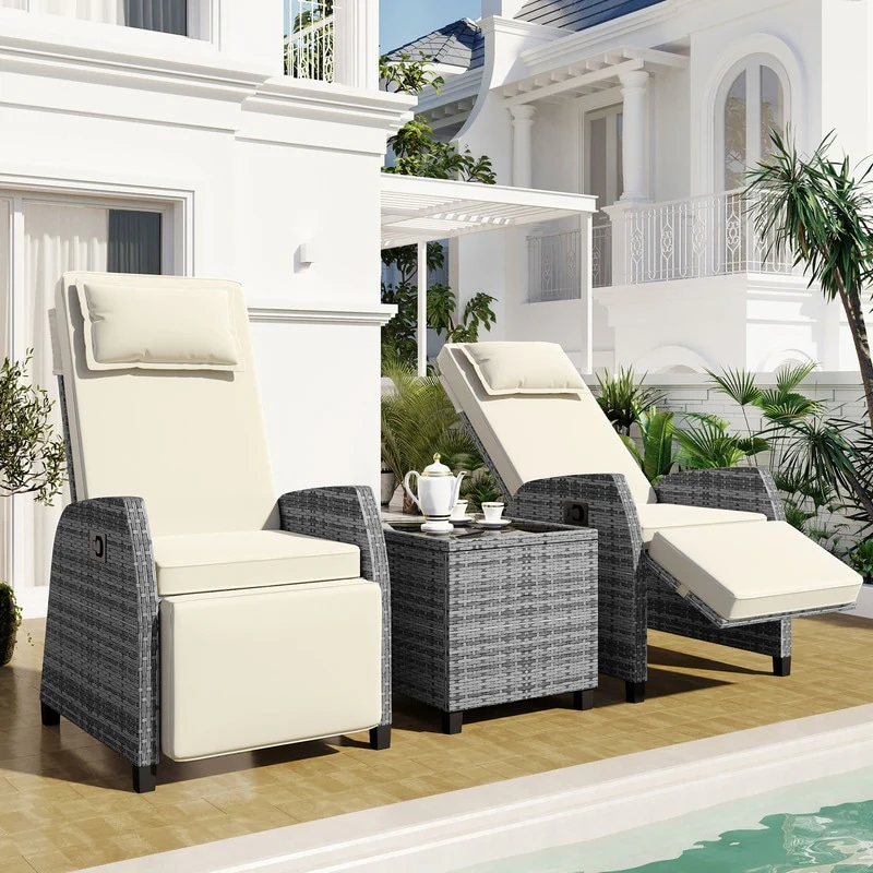 3 Piece Outdoor Rattan Two-person Recliner Chair set W/Coffee Table
