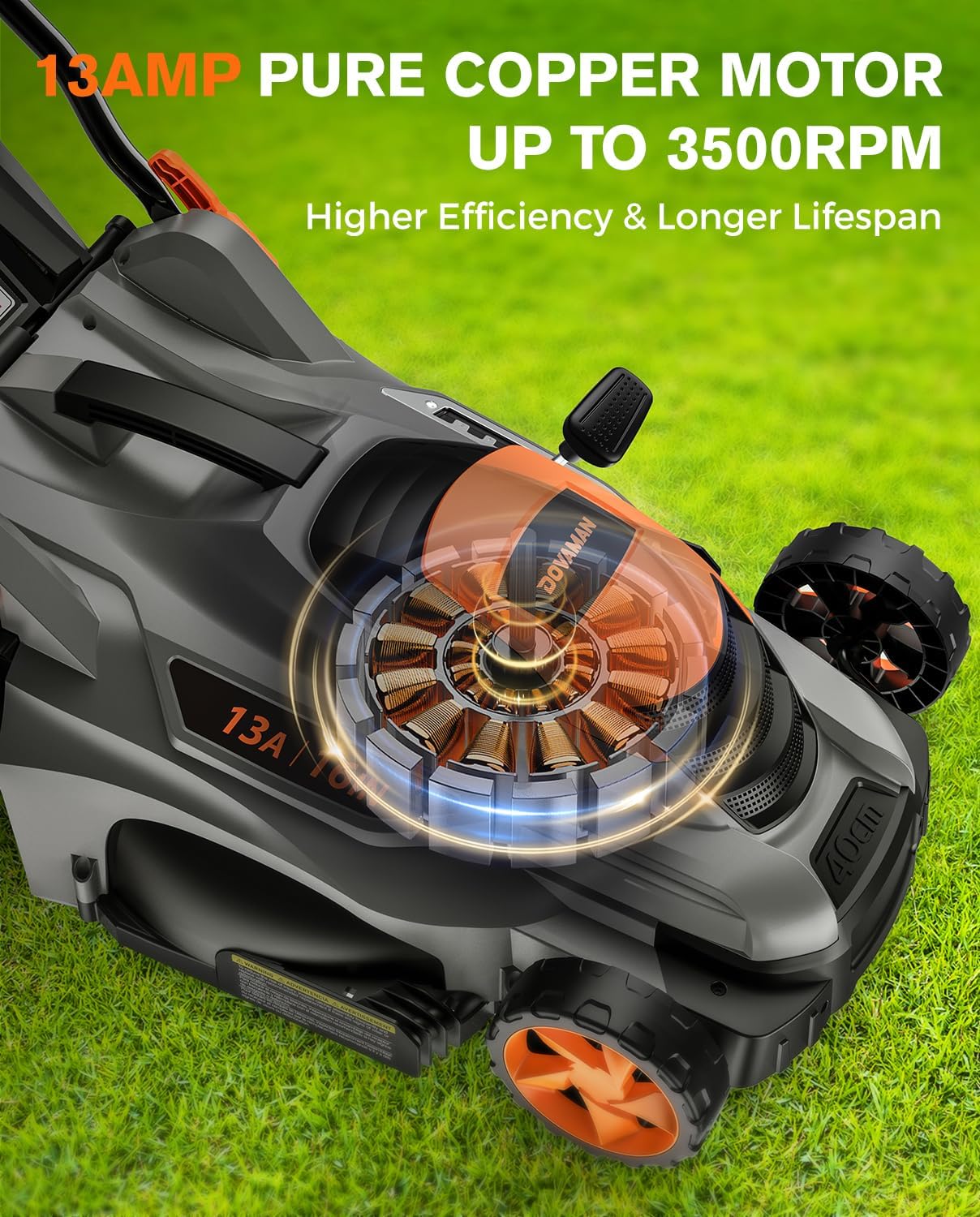DOVAMAN 13Amp LA16M Lawn Mower, 16 Blade, 5-Position Height Adjustment, 3-Step Quick Vertical Fold Storage, 2-in-1 Mulching & Bagging, 98% Collection, Corded Lawn Mower for Your Garden