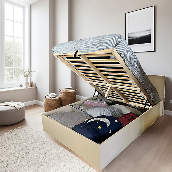 Lit coffre MADRID 140x190   1 sommier / Beige effet textile