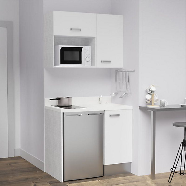 Kitchenette K00 - 100 cm - façades Blanc - Plan monobloc en quartz coloris Snova évier à droite