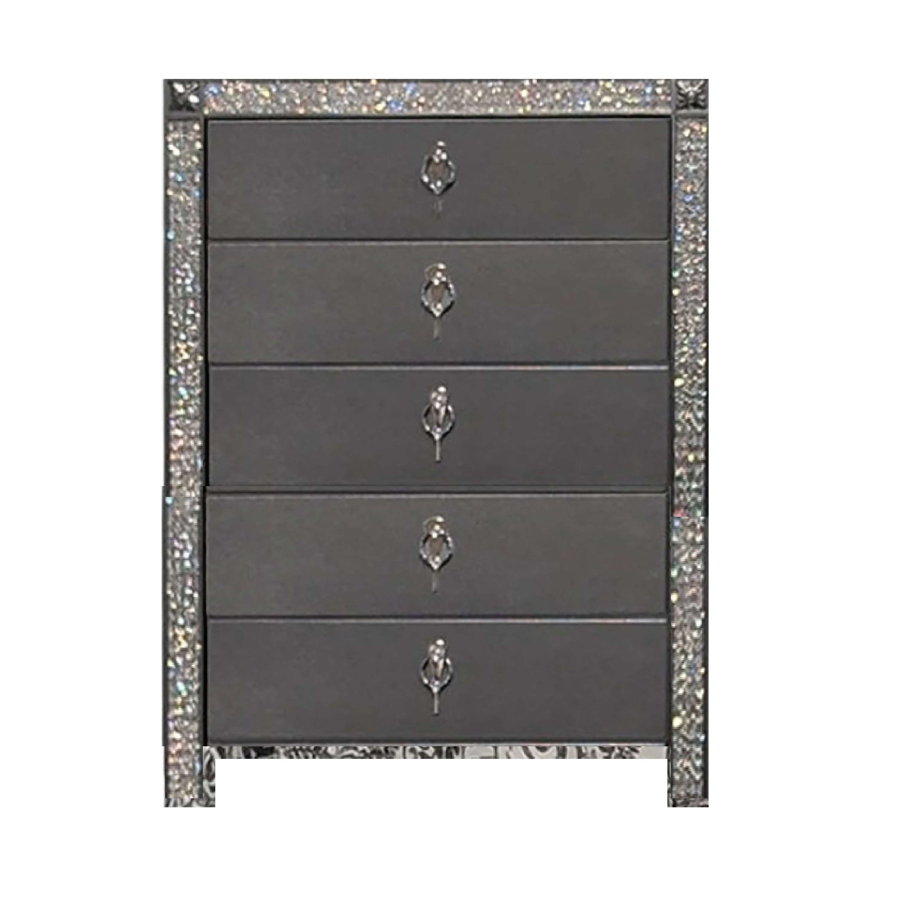 Laine Tall Dresser Chest, 5 Drawers, Crystal Trim, Gray Solid Wood