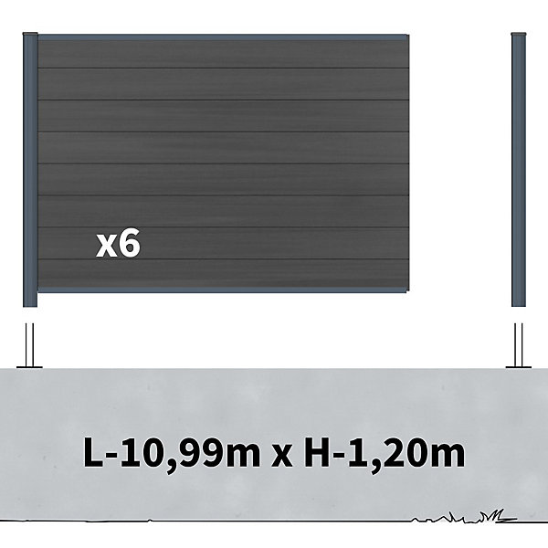 Kit Clôture Composite sur Muret CRUZ Ardoise 11x1,2m - Bois composite &Aluminium - Poteaux sur Platines Gris - Brise vue