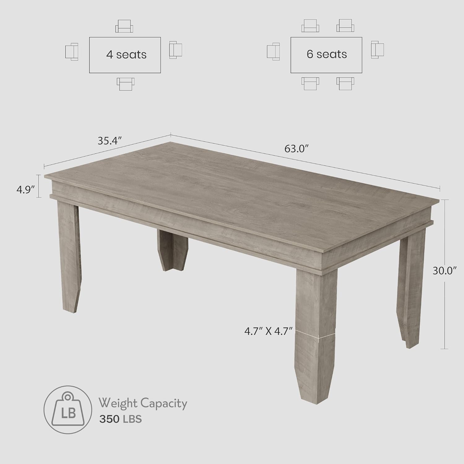GarveeHome Farmhouse Dining Table for 4-6 People, 63 in Long Kitchen Tables with Wooden Sturdy Frame, 5 ft Large Rectangular Dinner Table for Dining Room, Kitchen, Grey, 63 Non-extendable