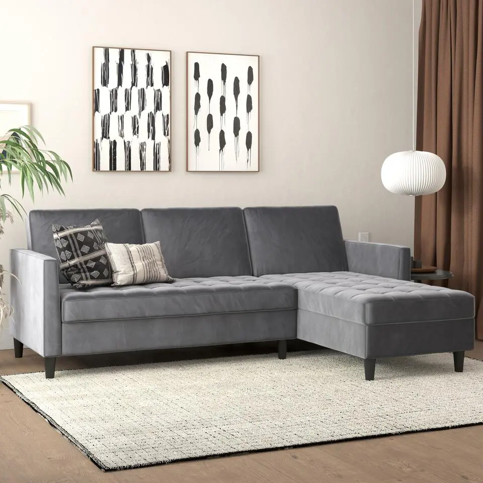 Presley - 3-zits hoekslaapbank met opbergruimte in antraciet fluweel