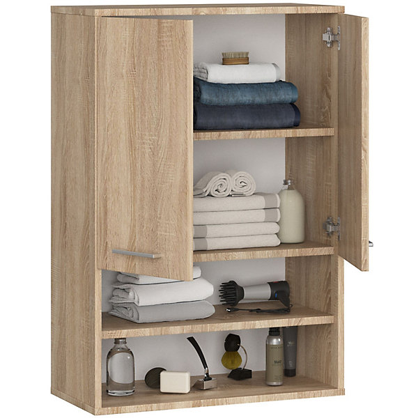 Armoire salle de bains suspendue AKORD FIN Chêne Sonoma 64 cm 2 portes façade Chêne Sonoma 4 étagères 64x30x94 cm