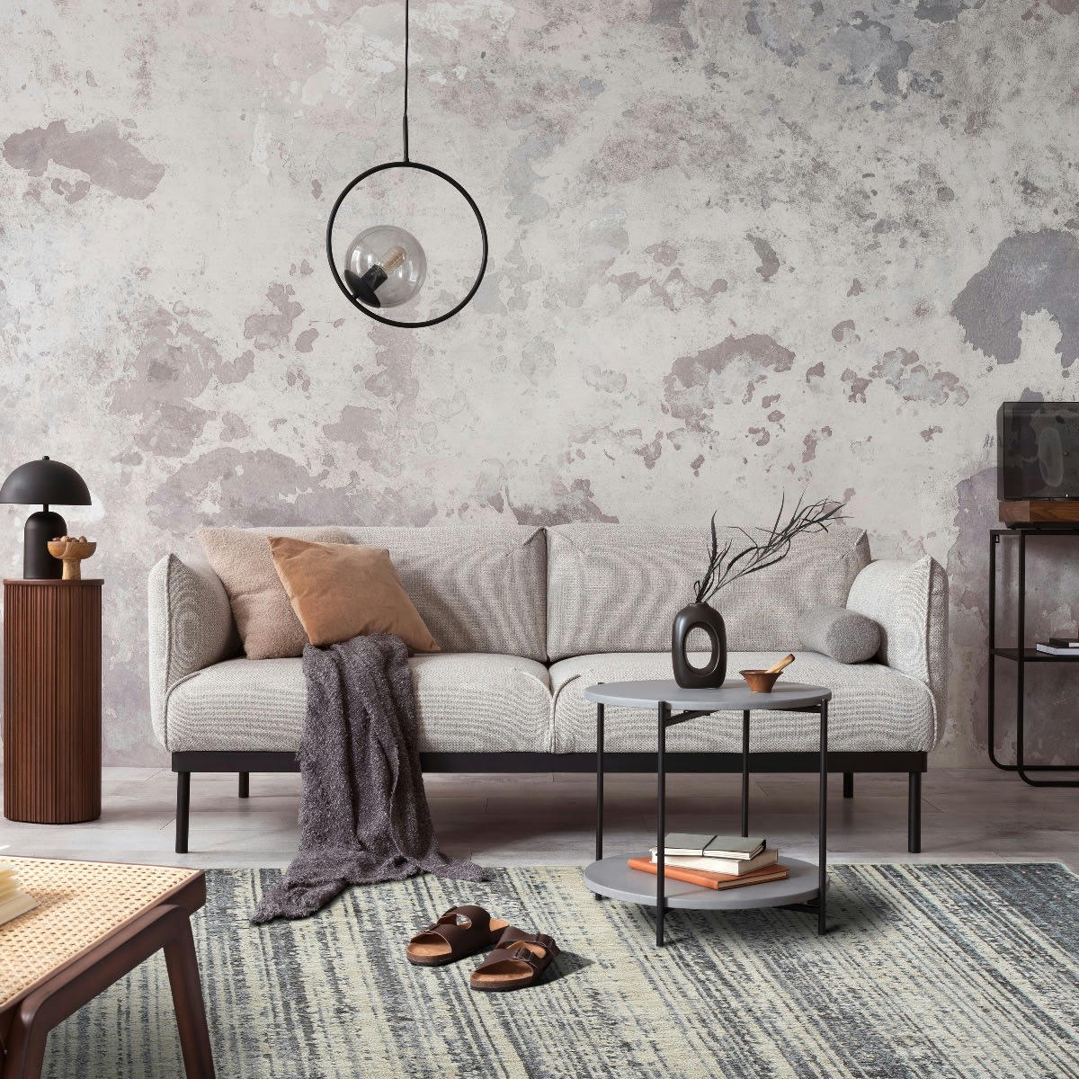 RECYCLE - Tapis recyclé motif lignes gris noir 120X170