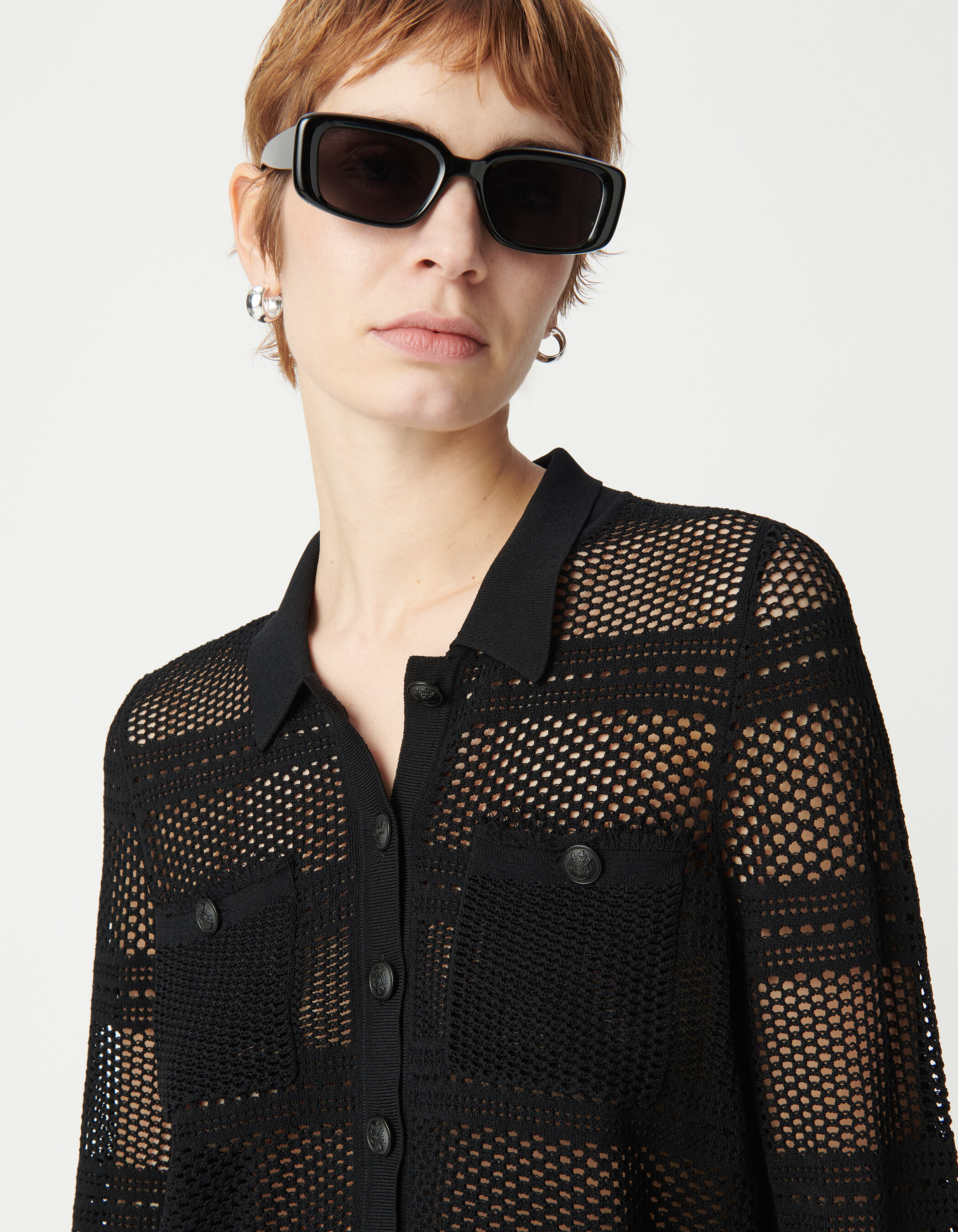 Cardigan court noir tricot ajouré Femme